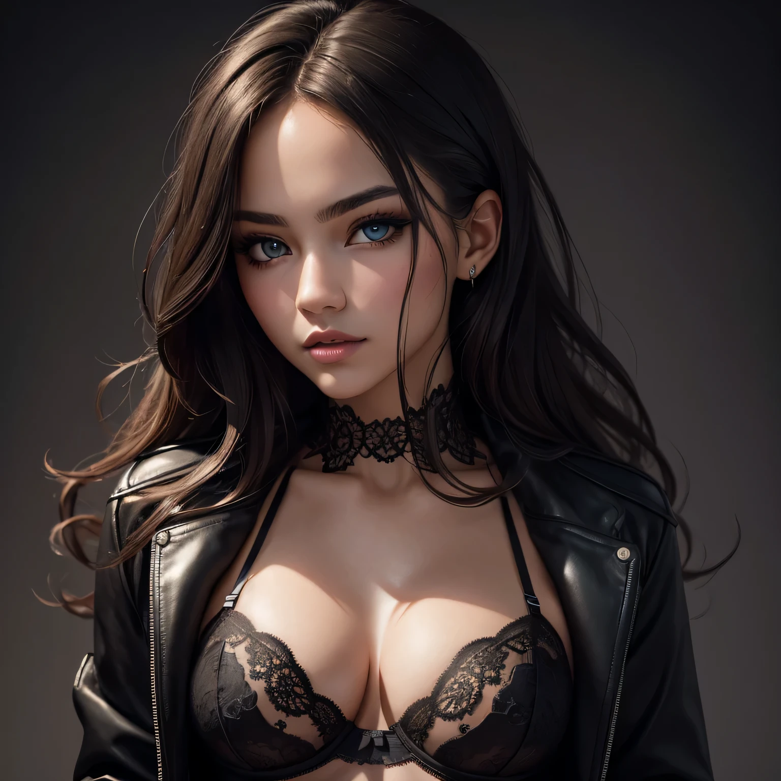 photography, perfect face, masterpiece, high quality, lingerie, black, jacket, black panties, beautiful eyes, detailed lips, stunning portrait, professional lighting, vibrant colors, sharp focus, exquisite details, artistic style