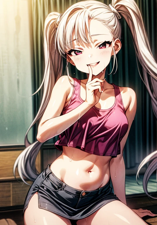 highest quality、Hypnosis、perfect fingers、2girls,mesugaki, 、Band sign、indoor、twin tails、belly button、tank top、provocative smile、wet lips、no bra、mini skirt、perfect makeup、hand to own mouth