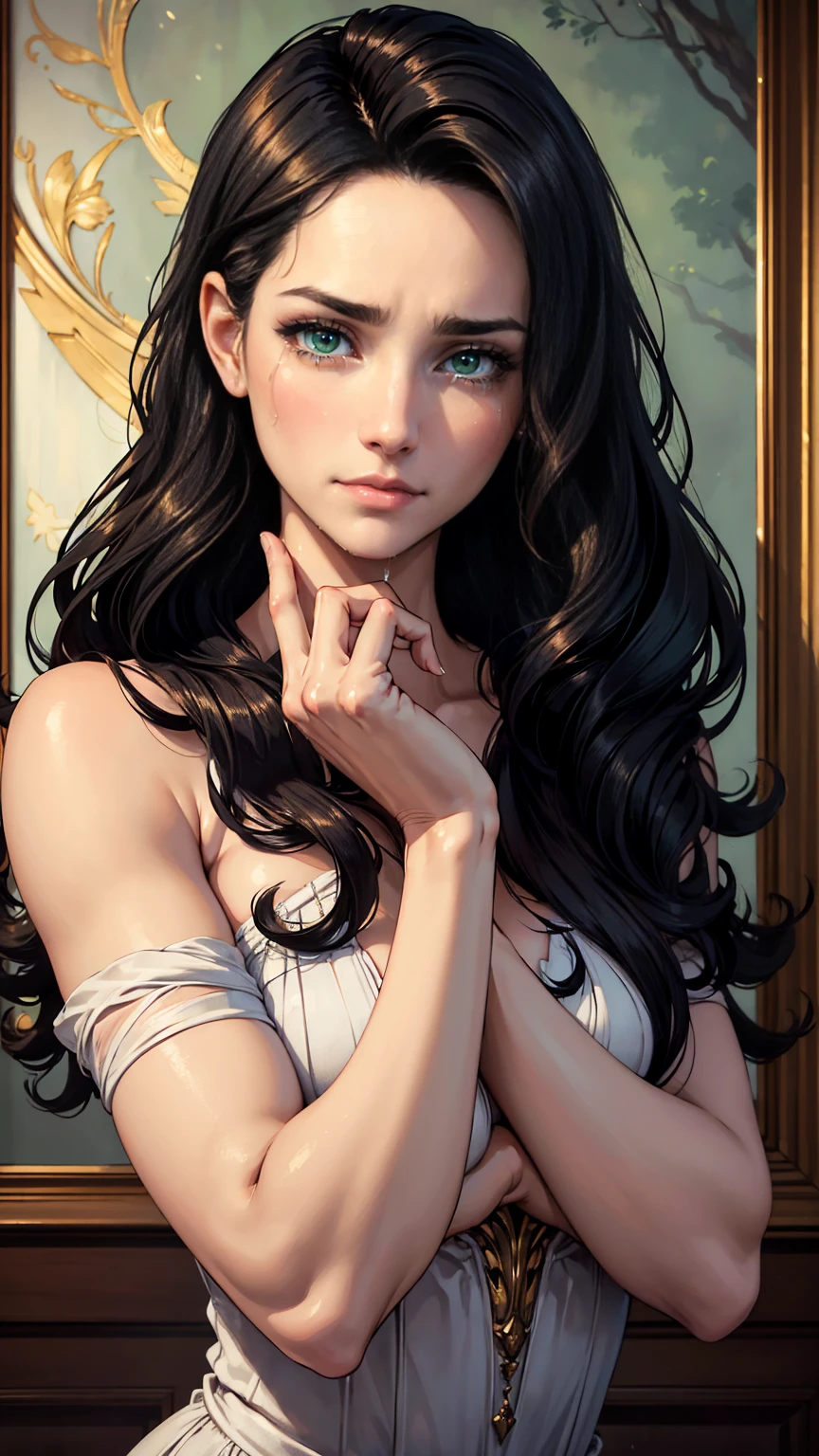 The bedroom door opens abruptly, revealing the surprise figure of a woman with long black hair [romance, portrait, emotion: surprised, girl, long hair, green eyes, dynamic pose, soft light, cinematic effect, photo-realistic]