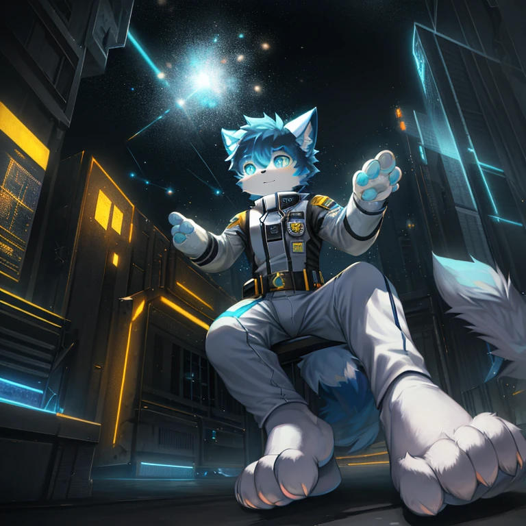 "(High quality of sci-fi scenery and shadows,Ray tracing,Particle effect,8K resolution),(Cat-eared Shota boy and oversized wolf tail+Large long ears)of(White luminous pants+The fur is white of+and blue tricolor luminous clothes),individual,Wearing a futuristic sci-fi naval battle command uniform,Eye-level display,Bestial foot,Exuding a mysterious and heroic of lovely temperament。"