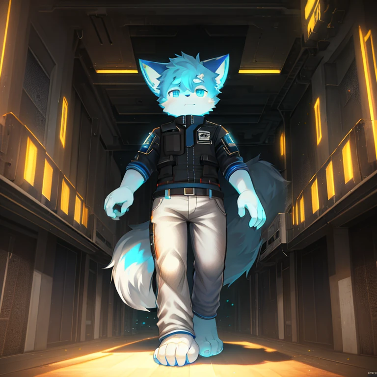 "(High quality of sci-fi scenery and shadows,Ray tracing,Particle effect,8K resolution),(Cat-eared Shota boy and oversized wolf tail+Large long ears)of(White luminous pants+The fur is white of+and blue tricolor luminous clothes),individual,Wearing a futuristic sci-fi naval battle command uniform,Eye-level display,Bestial foot,Exuding a mysterious and heroic of lovely temperament。"