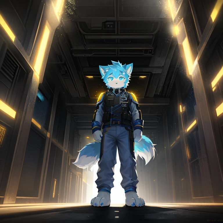 "(High quality of sci-fi scenery and shadows,Ray tracing,Particle effect,8K resolution),(Cat-eared Shota boy and oversized wolf tail+Large long ears)of(White luminous pants+The fur is white of+and blue tricolor luminous clothes),individual,Wearing a futuristic sci-fi naval battle command uniform,Eye-level display,Bestial foot,Exuding a mysterious and heroic of lovely temperament。"