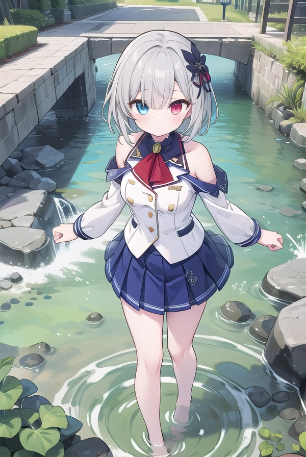 18-year-old,gray hair,((low twin tells)),((red eyes))、White ribbon hair fastening,Medium breasts,Long white cold shoulder top、break、((Marine Blue Skirt))、Red brooch on chest、 azur lane style、white skin、plump legs、A small bridge over a stream、水飛沫
break looking at viewer, full body,
break (masterpiece:1.2), highest quality, High resolution, unity 8k wallpaper, (figure:0.8), (detailed and beautiful eyes:1.6), highly detailed face, perfect lighting, Very detailed CG, (perfect hands, perfect anatomy)