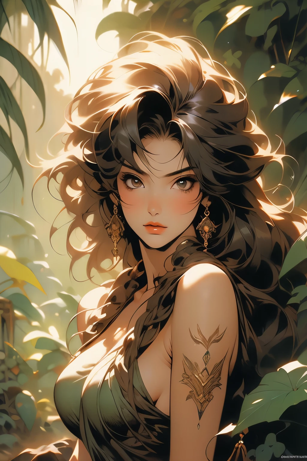Art image of a sexy jungle girl, feral, wild, messy, oliy skin, sexy, by Louis Royo, Boris Vallejo, Frank Frazetta, extreme focus, sharp details, sexy,