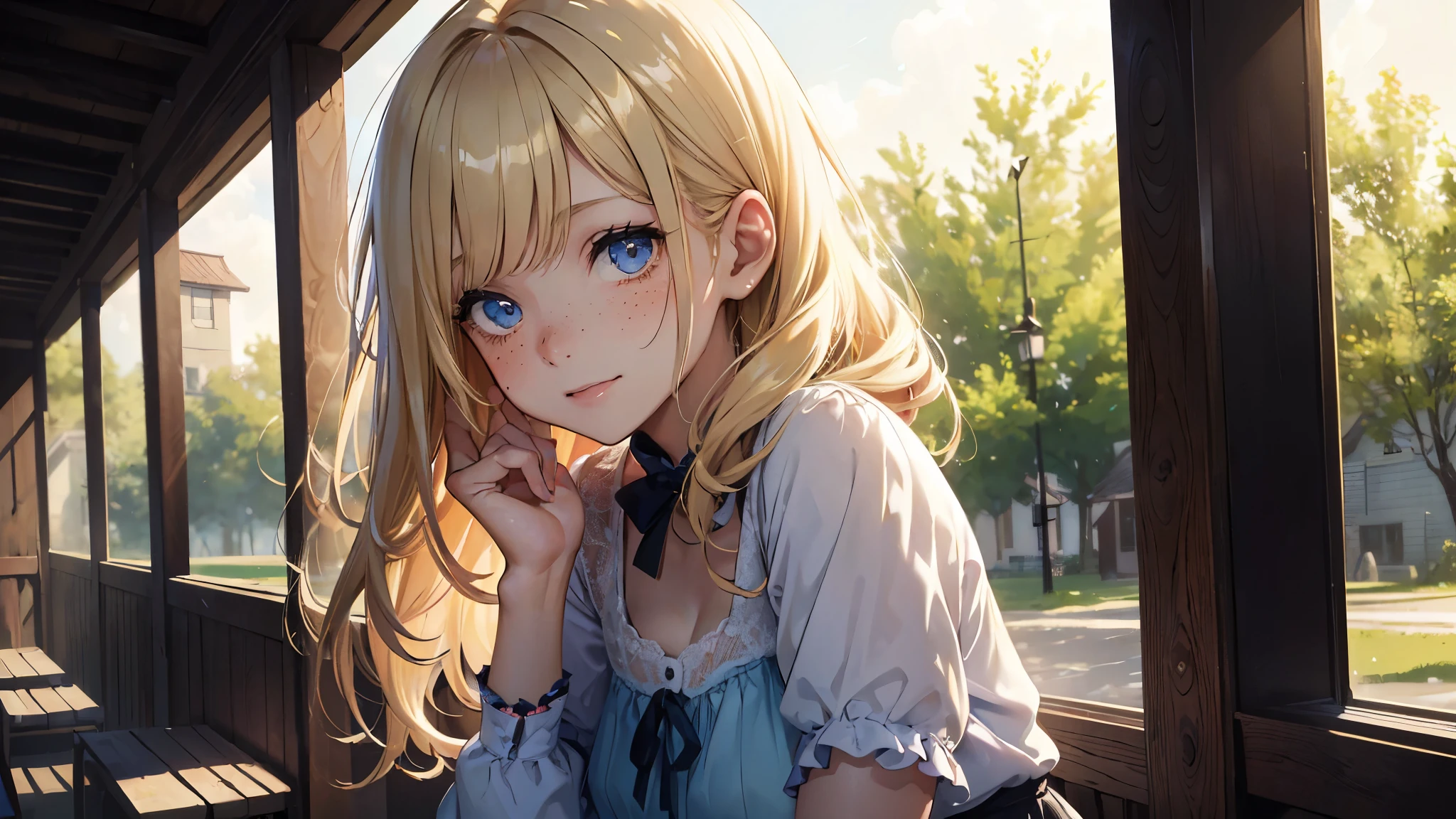 ((masterpiece,best quality,ultra detailed,ultra high res)), soft realistic focus, Perfect Eyes, dynamic shadows, realistic image, vibrant colors,light leaks,dreamy atmosphere,chiaroscuro,BREAK
experimental charm, The girl is depicted in full growth, girl 10 years old, thin and tall, you see the girl from head to toe, nostalgic appeal, country girlfriend, she take you with yourself, skirt and short blouse, soft mischievous smile, freckles, blonde hair, slightly leaning forward, flashback of memories, blonde, holding your hand