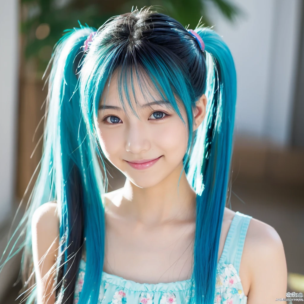 Hatsune Miku, color de pelo tosco, 2 ponytails, ojos azules, sonrisa, mirando al infinito, hermosa chica anime realista, Hatsune Miku hair, Hatsune Miku face