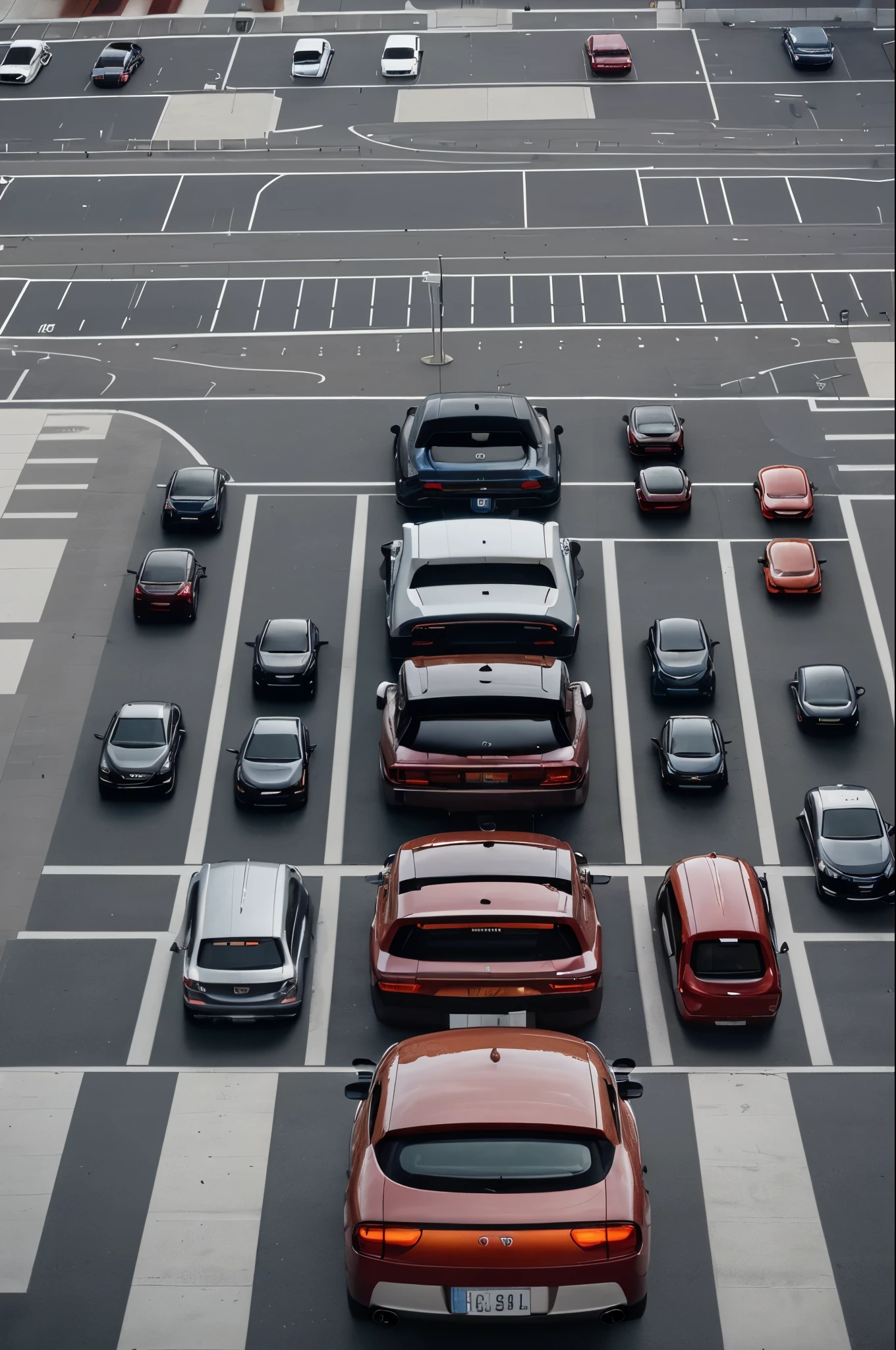 Big modern parking lot in a city, full with modern cars, view from above