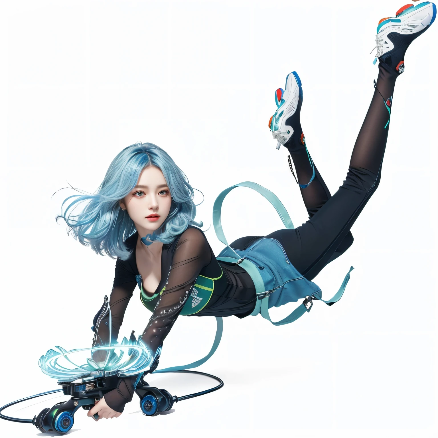 masterpiece, best quality, (Extremely detailed CG unified 8k wallpaper), (best quality), (Best Illustration), (best shadow), Ridiculous, Realistic lighting, (abyss), Beautiful and detailed light, Petermore's artwork,light blue hair,Black clothes,green eyes,Holding a flying machine,cute girl。