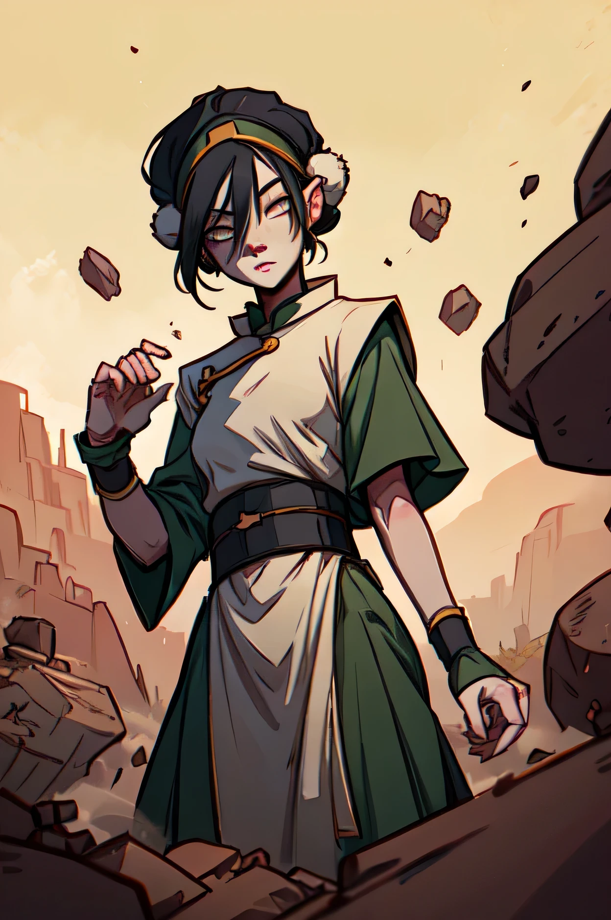 toph bei fong, short black hair, white eyes, headband,hair ornament, blind, green chinese clothes, tunic, bracers, looking spicy, flirting pose, floating rocks, canyon, dirt, sunny, high quality, masterpiece, 
 