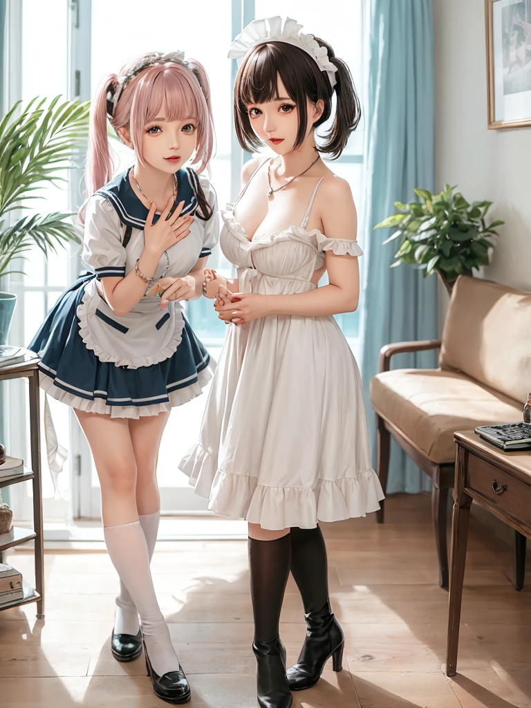 (8K, Photorealistic, Raw photo, of the highest quality: 1.3), (1girl in), Super beautiful, (Realistic face), (boyish, pink Color Berry Shorthair), Beautiful , Glare that captivates the viewer, Beautiful expression, Beautiful breasts, (Realistic skin), Be...Create a detailed and colorful image of Ram and Rem from Re:Zero, standing back-to-back in their maid outfits, with a magical fantasy background、14years old, two girls,cute, perfect face, beautiful, nice body, gothic ****ta clothes, gothic ****ta fashion, frilly skirt, headdress, necklace, bracelet, knee-high socks, boots, double eyelids, tear bags, Detailed down to the fingers, photo-like description, indoors, dim indoor lighting, one girl is pink hair and short bob, another girl is light blue hair and short bob,standing, sexy posing,whole body, composition that shows the whole body, smiling,The Both of them are wearing the same type of maid outfit,Optimal ratio of 4 fingers and 1 thumb