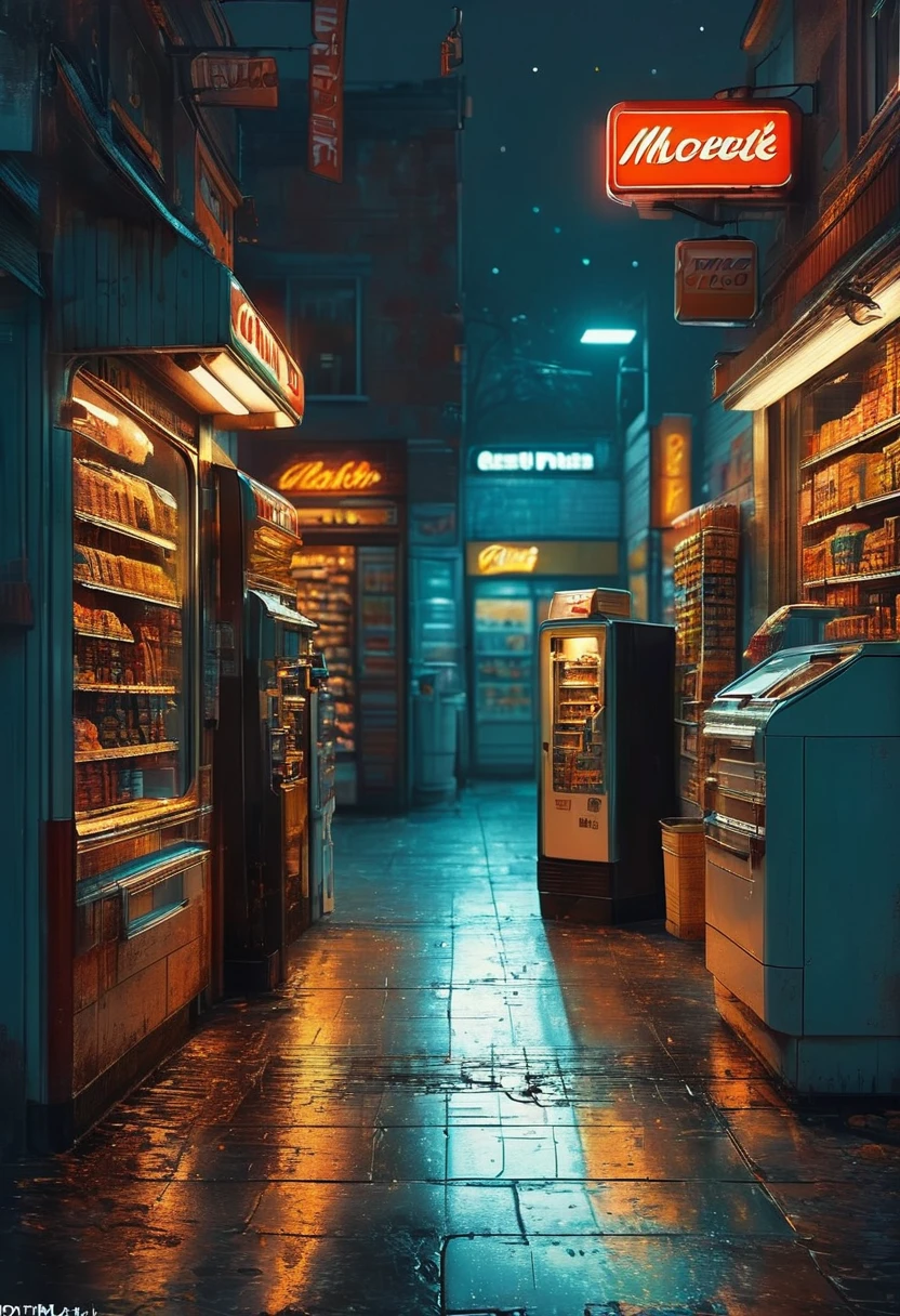 midnight convenience store, best quality, masterpiece, very aesthetic, perfect composition, intricate details, ultra-detailed, by Piotr Jaboński