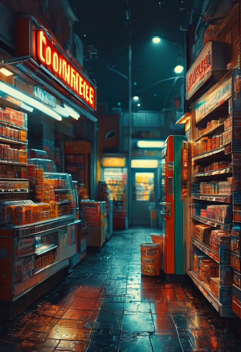 midnight convenience store, best quality, masterpiece, very aesthetic, perfect composition, intricate details, ultra-detailed, by Piotr Jaboński