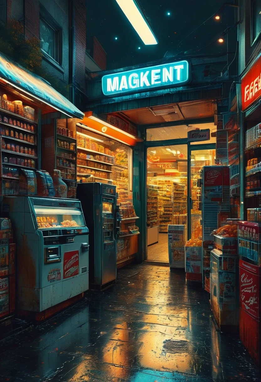 midnight convenience store, best quality, masterpiece, very aesthetic, perfect composition, intricate details, ultra-detailed, by Piotr Jaboński