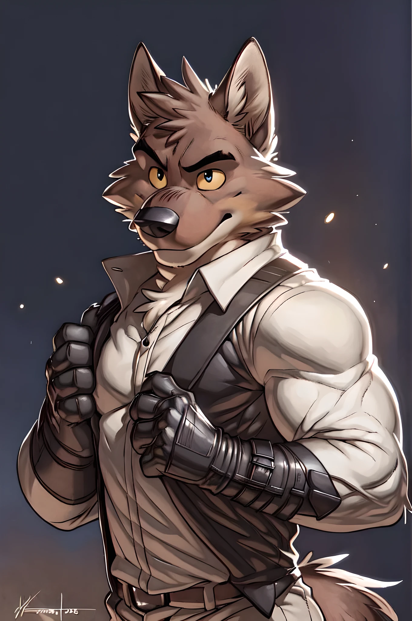 mr wolf, 4k, high resolution, best quality, detailed, posted on e621, solo, anthro body, masculine, male, (very muscular, defined muscles):1, (plain background, explosive background:1.1), correct anatomy, (detailed eyes:1.1), sexy, (cel shaded, cartoony shading, strong shadows, dramatic lighting):1.3, confident, (by wfa, by takemoto arashi, by meesh, by Taran Fiddler), strong, (half body, upper body), bare chest, black gloves,