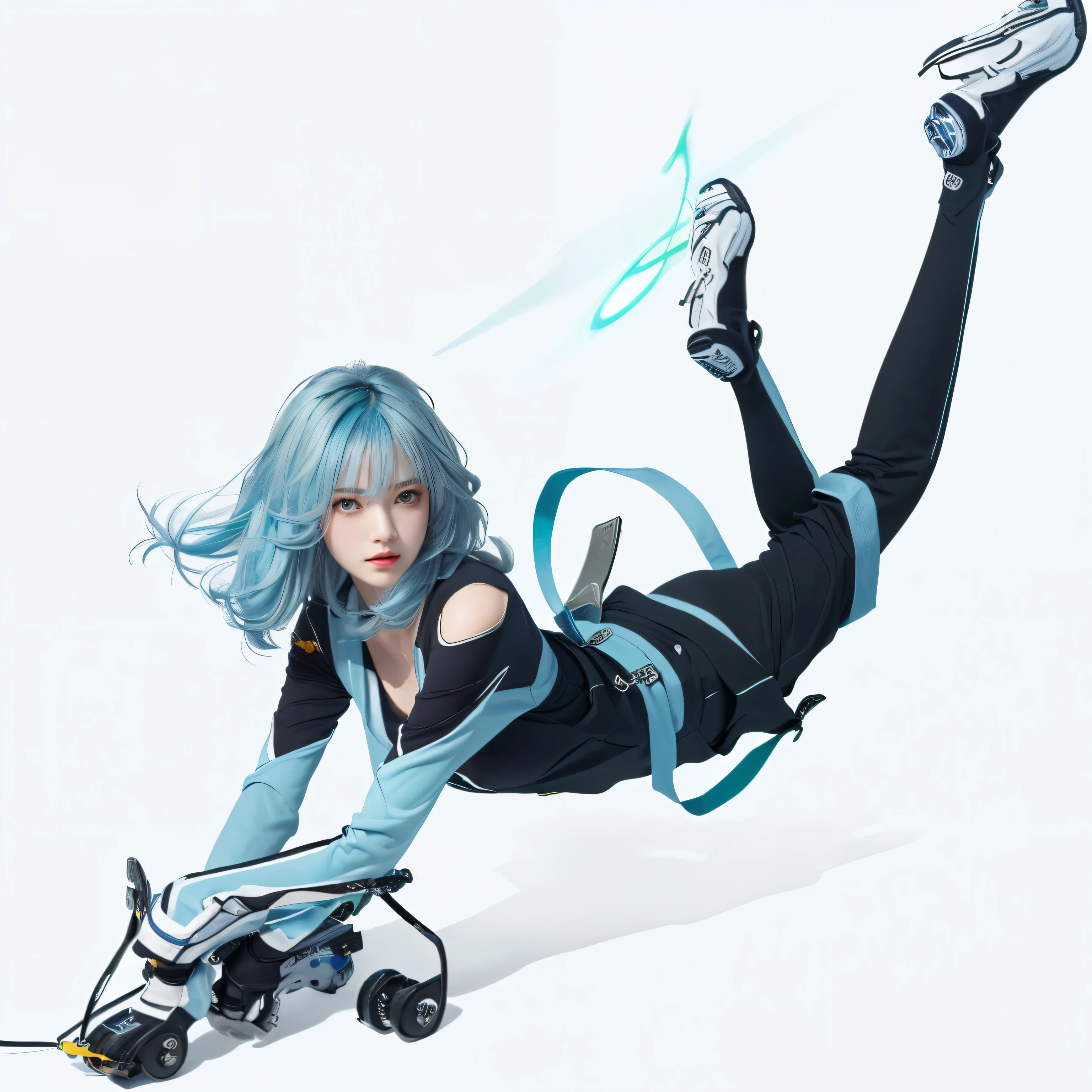 masterpiece, best quality, (Extremely detailed CG unified 8k wallpaper), (best quality), (Best Illustration), (best shadow), Ridiculous, Realistic lighting, (abyss), Beautiful and detailed light, Petermore&#39;s artwork,light blue hair，Black clothes，green eyes，Holding a flying machine，cute girl。