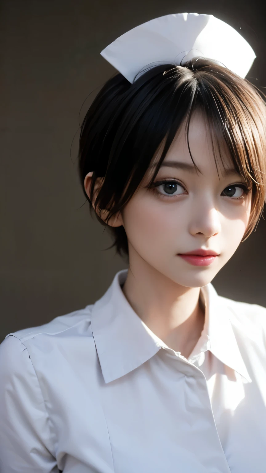 highest quality, white skin, real human skin, (be familiar with), oval face, pore, ultra high resolution, (8K, RAW photo, realistic: 1.4), one girl, slim, (Gentle, goddess-like eyes) happiness: 1.2), (lip gloss, eyelash, gross face, highest quality, ultra high resolution, wide lighting, natural shading)、sexy nurse、Full body diagram:1.8、Absolute area、long beautiful thin legs、low length、