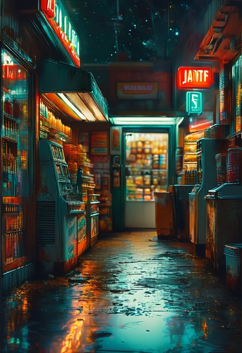 midnight convenience store, best quality, masterpiece, very aesthetic, perfect composition, intricate details, ultra-detailed, by Michael Breitung