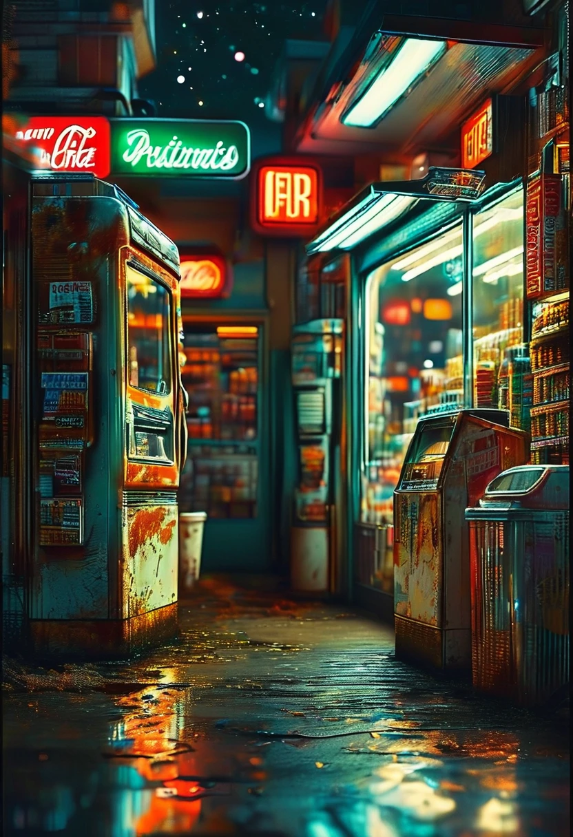 midnight convenience store, best quality, masterpiece, very aesthetic, perfect composition, intricate details, ultra-detailed, by Michael Breitung
