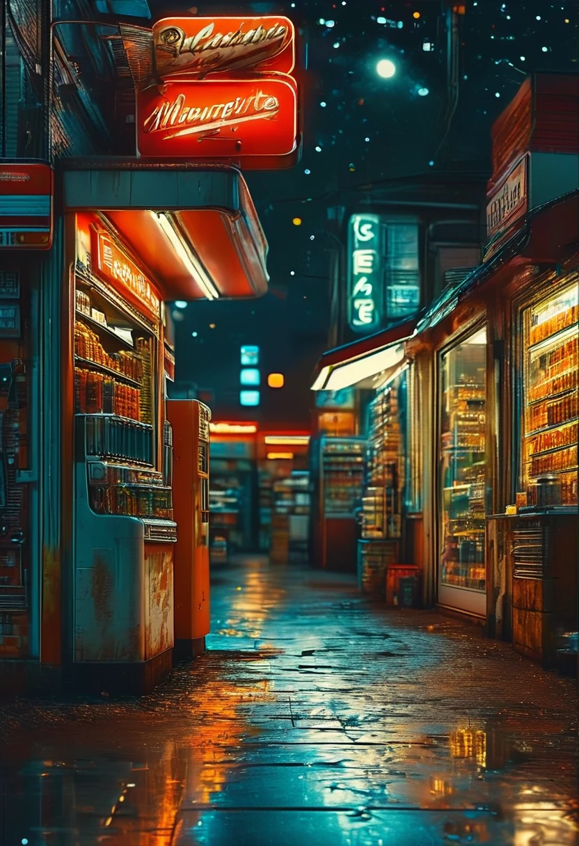 midnight convenience store, best quality, masterpiece, very aesthetic, perfect composition, intricate details, ultra-detailed, by Michael Breitung