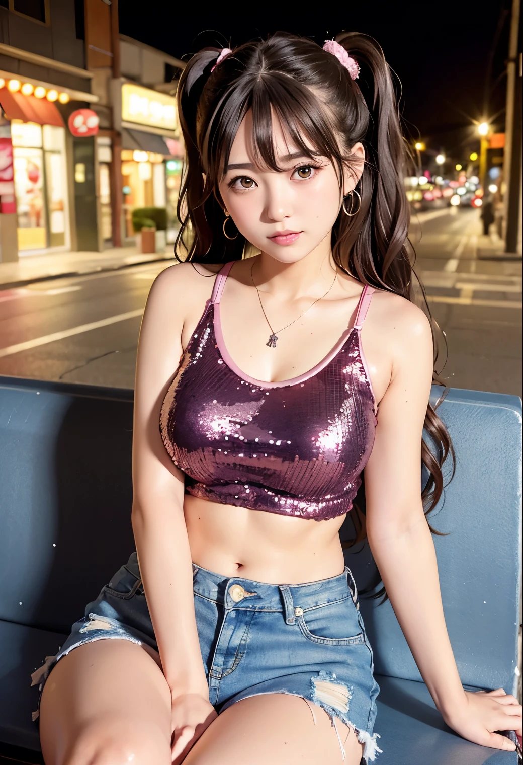 (highest quality,masterpiece:1.3,ultra high resolution),(Super detailed、caustics) (Photoreal:1.4, RAW shooting、)ultra-realistic capture、very detailed、natural skin texture、masterpiece、(Pink sequin tank top and very short denim pants:1.3)、1 Japanese girl、adorable expression、expression of happiness、、young face、surprisingly cute、twin tails、curly hair、black hair、Scrunchie、earrings、necklace、light makeup、Big breasts that are about to burst、This photo was taken on a sidewalk in a busy downtown area at night.、Shining thighs、Sit on a bench on the sidewalk、Shooting from the side、smile、inviting gaze、