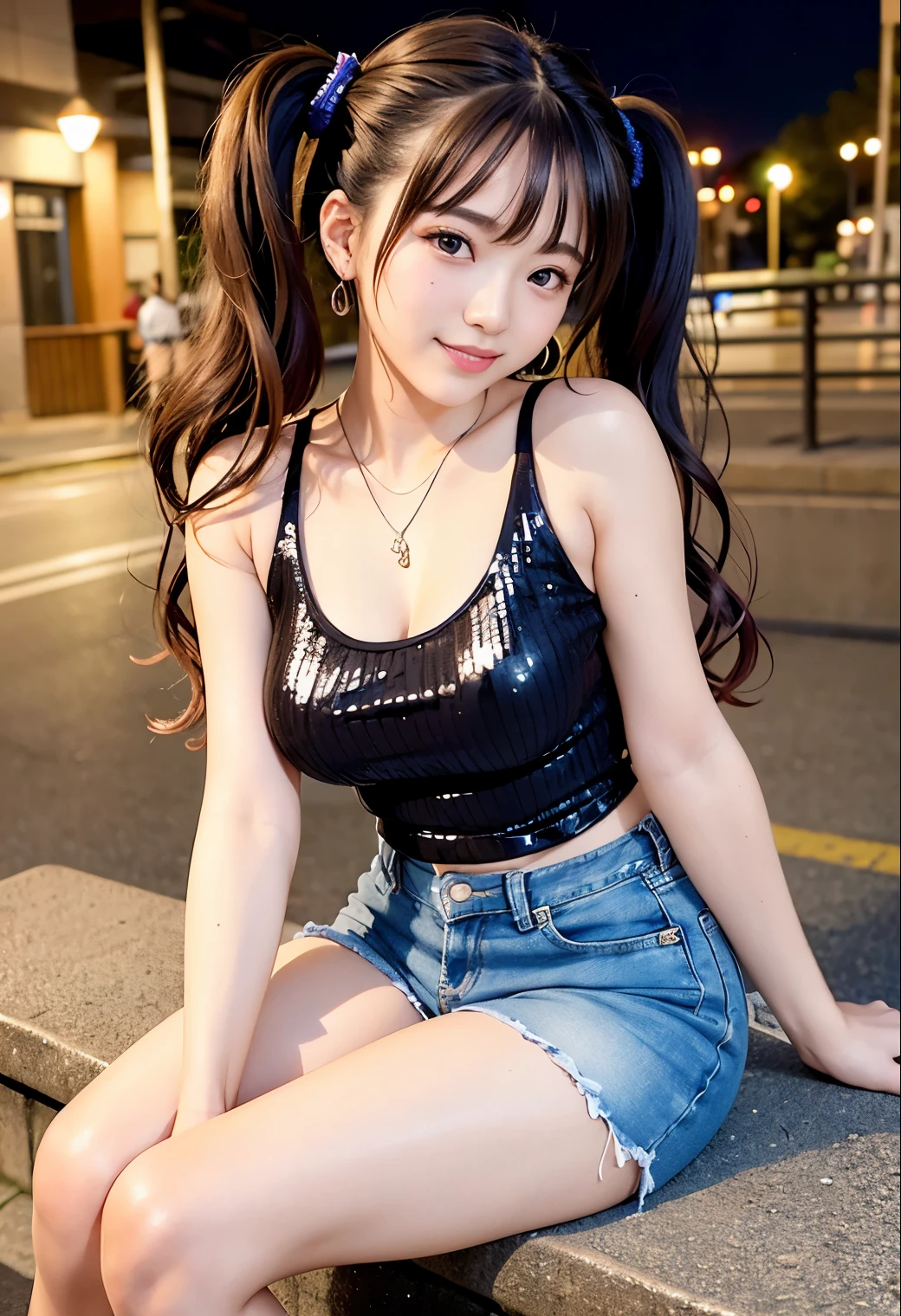 (Highest quality,masterpiece:1.3,Ultra-high resolution),(Very detailedな、Caustics) (Photorealistic:1.4, RAW shooting、)Ultra-Realistic Capture、Very detailed、Natural skin texture、masterpiece、(Sequin tank top and short denim pants:1.3)、1 Japanese girl、Adorable expression、Expressions of Happiness、、Young Face、Ssingly cute、Twin tails、Curly Hair、Black Hair、Scrunchie、Earrings、necklace、light makeup、A big bust that seems to burst、This photo was taken on a busy street at night..、Shining thighs、Sit on a bench on the sidewalk、Shooting from the side、smile、An inviting gaze、