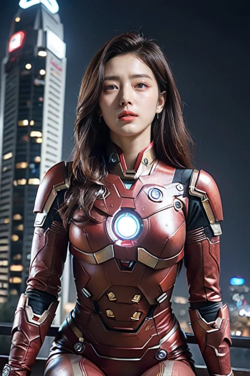 (best quality,ultra-detailed,realistic:1.37), digital illustration, ( woman wearing a ironman costume), detailed eyes and face, beautiful detailed lips, red lips, sexy body, big breasts,long eyelashes, big breasts:1.5, Close-up photo, woman wearing a ironman costume, long hair, ((Take a photo from below the thigh)),vibrant colors, dramatic lighting, comic book style, woman wearing a ironman costume, position:sitting, seductive pose, skyscraper background, view dark sky, tall buildings