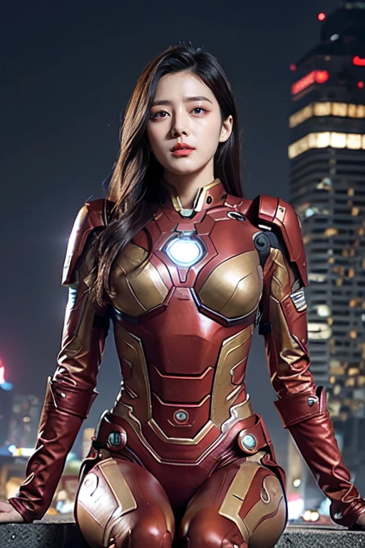 (1 girl:1.3), solo,body parts, official art, unity 8k wallpaper, Super detailed, Beautiful and beautiful, Beautiful big breasts, masterpiece, best quality, raw，masterpiece，Ultra-fine photo quality，超high resolution，photo reality，Sunlight，whole body肖像，Astonishingly beautiful，Dynamically pose for the audience），delicate face，vibrant eyes，，a woman ，(Detailed abandoned warehouse background wearing futuristic red and gold Iron Man mech，Detailed face，abundant，Milky white W，lock focus，digital SLR camera，high quality，film grain，fair skinned，Photographic Realism，Photography，A metropolis in a future dystopia , (whole body),long legs， ((cyberpunk)), (battlefield background)，(Fire background)，(whole body照),high resolution, movie lighting, 