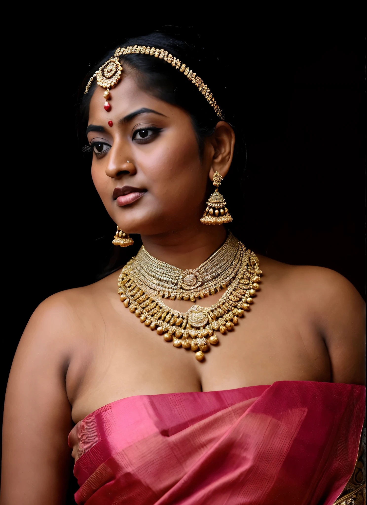 arafed woman in a pink sari, looks like Sandeepa Dhar, thick figure, curvy, traditional beauty, hindu aesthetic, assamese aesthetic, traditional makeup, indian goddess, indian girl with brown skin, wearing bihu dress mekhela sador, indian style, indian, gorgeous woman, south east asian with round face, a stunning portrait of a goddess, beautiful himalayan woman