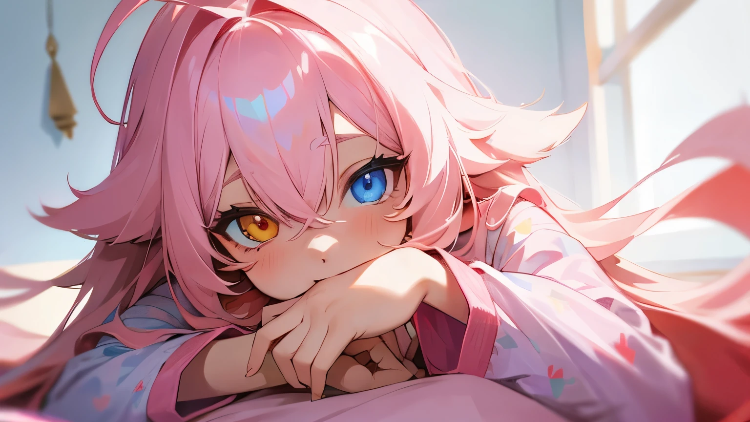 1 girl, light pink long hair with a cowlick, an amulet attached to the face, heterochromia of blue and orange eyes, pyjama