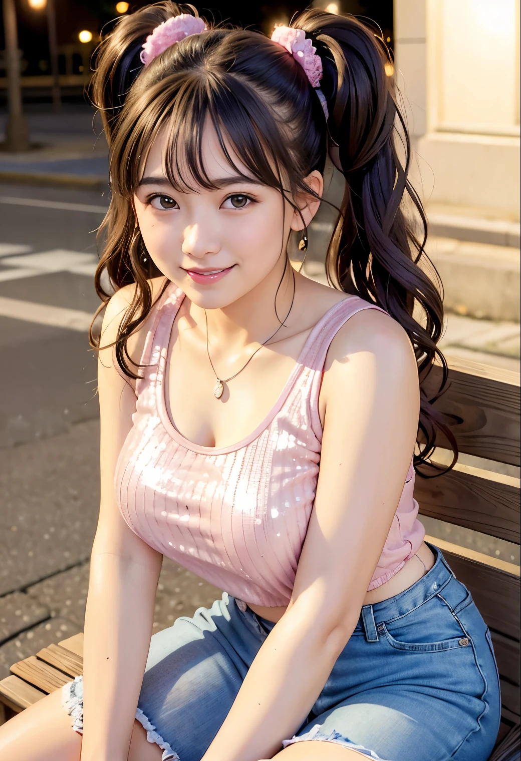 (highest quality,masterpiece:1.3,ultra high resolution),(Super detailed、caustics) (Photoreal:1.4, RAW shooting、)ultra-realistic capture、very detailed、natural skin texture、masterpiece、(Pink sequin tank top and very short denim pants:1.3)、1 Japanese girl、adorable expression、expression of happiness、************、young face、surprisingly cute、twin tails、curly hair、black hair、Scrunchie、earrings、necklace、light makeup、Big breasts that are about to burst、This photo was taken on a sidewalk in a busy downtown area at night.、Shining thighs、Sit on a bench on the sidewalk、Shooting from the side、smile、inviting gaze、