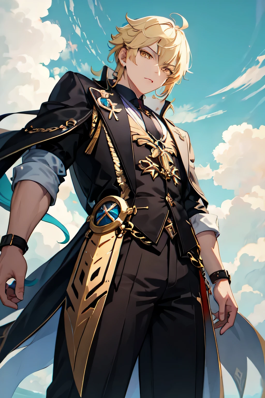 Make the fanart of a male character by Genshin Impact, he has medium blonde hair, muscular body, wears a black coat and has yellow eyes ((view from below))