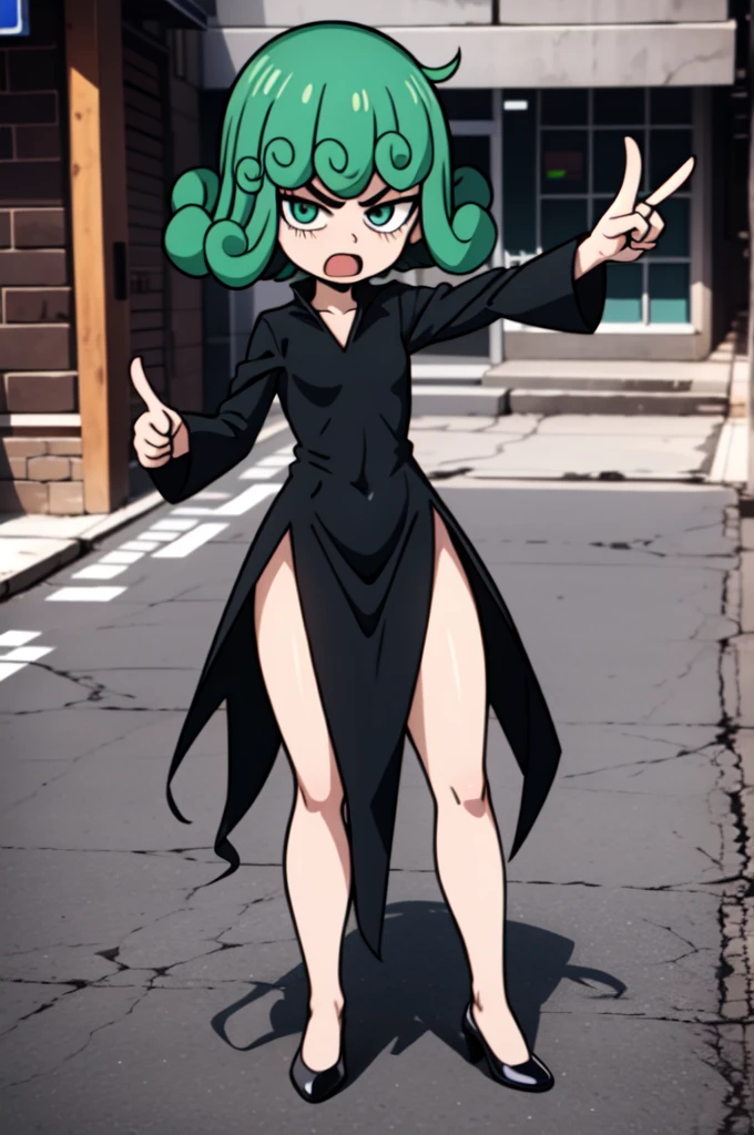 absurdres, highres, ultra detailed, chibimode, curly hair, looking at viewer, black dress, long sleeves, high heels, angry, open mouth, full body, pointing_at_viewer, outdoors, city