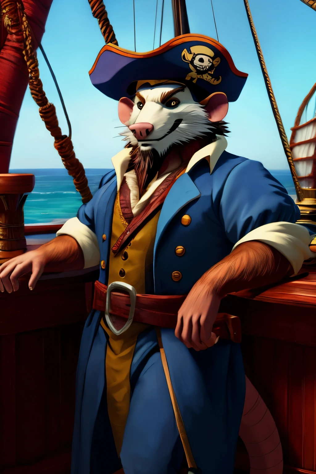 masterpiece, best quality, highres,solo, opossum sea,ship,pirate hat, fake False beard