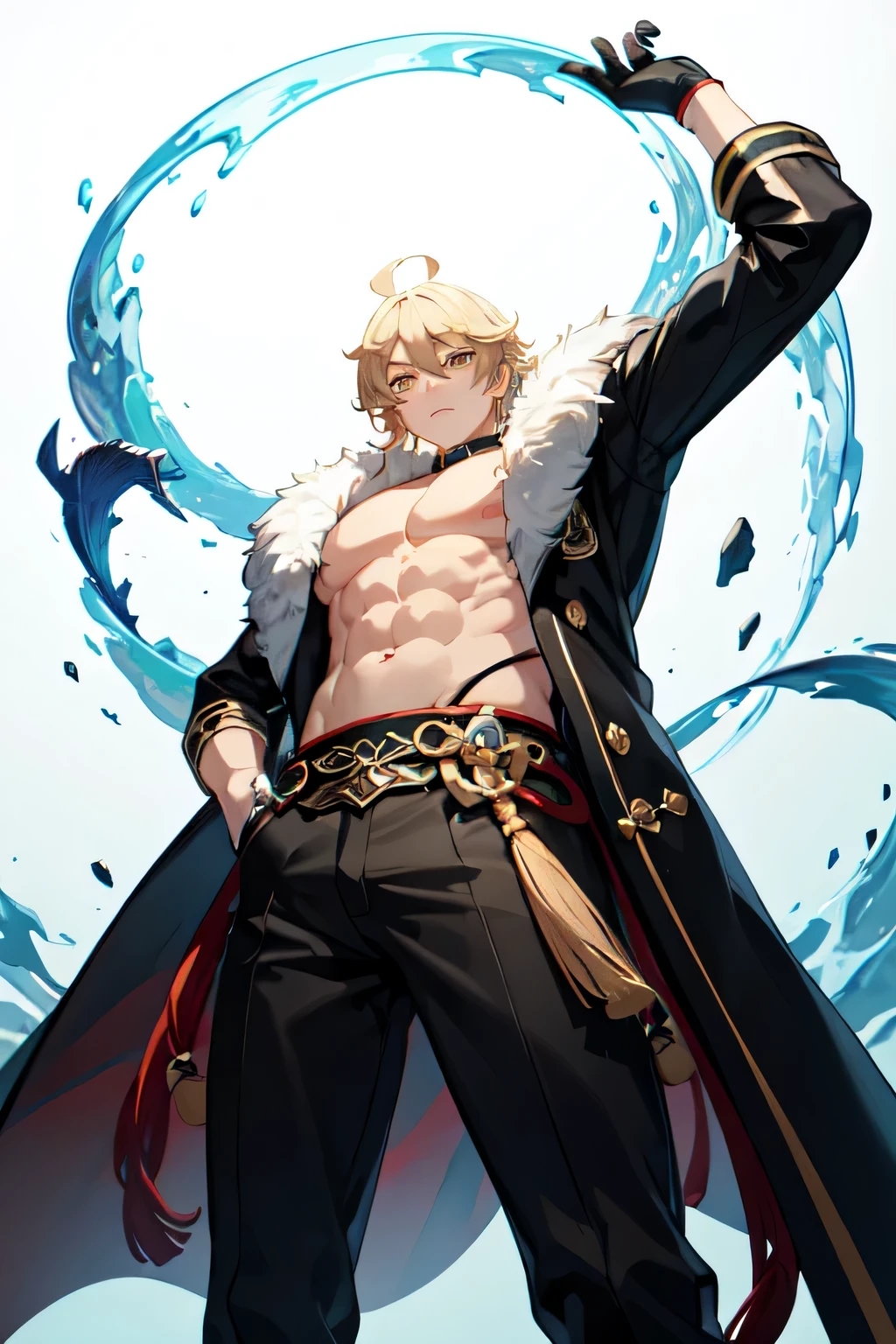 Make the image of a male character by Genshin Impact, he has medium blonde hair, muscular body, wears a black coat and has yellow eyes ((view from below))