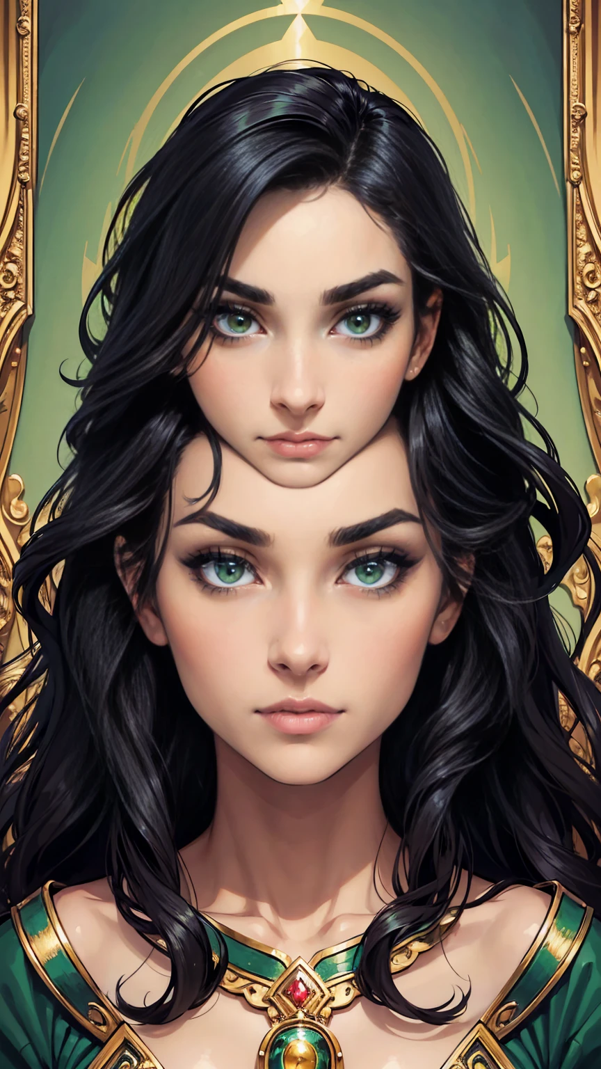 (masterpiece, Best quality, A high resolution, ultra detailed),(beautiful and aesthetically pleasing:1.2), 1 woman, perfect body, wavy black hair, green eyes, Beautiful face, (A slight smile:0.8), detailed eyes and face, puzzled facial expression, astonishment, Surprised Eyes, eyebrows raised, portrait, question marks around, 