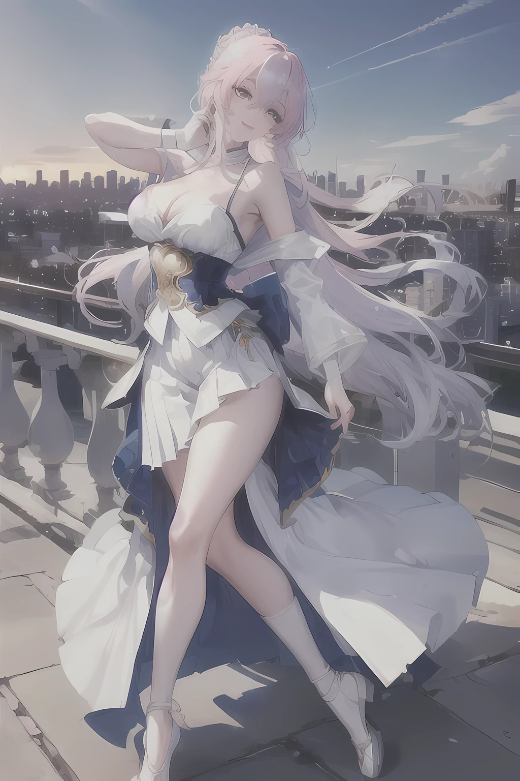 official art, ballerina, dancing ,masterpiece, sharp focus, (beautiful gorgeous cute Korean woman:1.3), (beautiful cute korean:1.3), korean beauty, Delicate and beautiful hair and eyes and face, realistic, ultra detailed, beautiful girl, blue sky, glow white particle, (sidelighting:1.2), sun light, white cloud, detailed clouds, slender, Lovely very large breasts and very large hips, smile with teeth, ((smile with eyes, open both eyes)), scenery, long straight hair, sexy facial expression, building, (cityscape:1.7), dynamic hair, long straight hair, detailed platinum pink hair, glow blue eyes, (blue pleated shirts + white skirt), white long socks, pale skin, hair ornament, epic scenery,