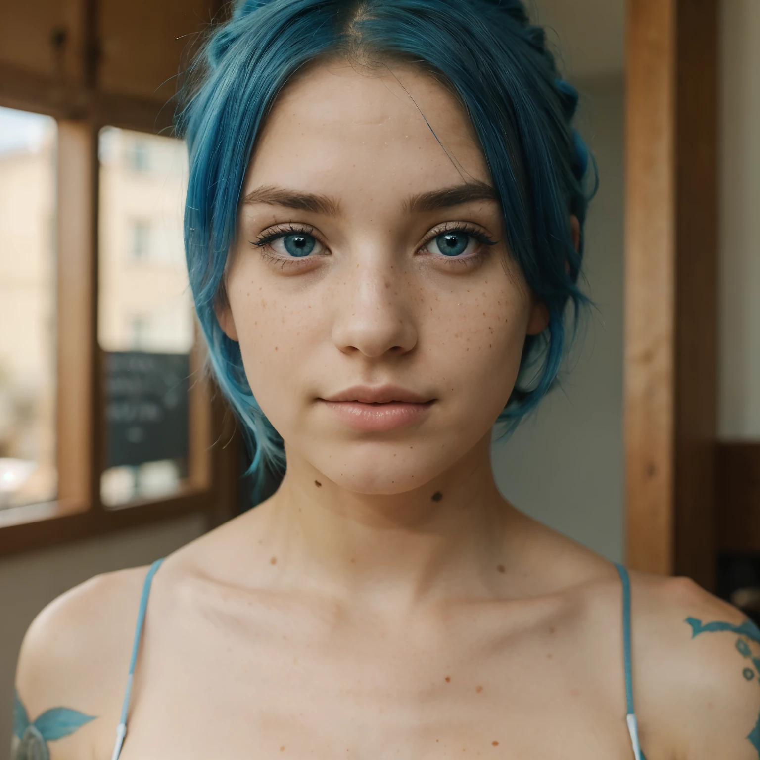 A freckled girl with blue hair and hazel eyes