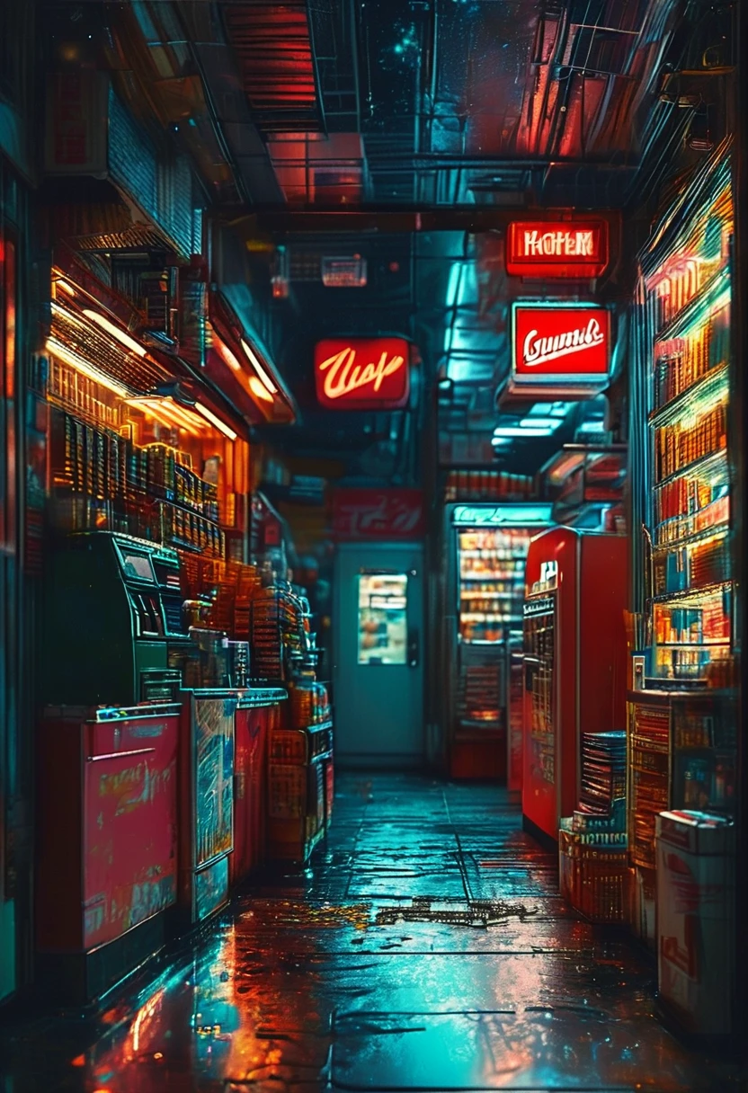 midnight convenience store, best quality, masterpiece, very aesthetic, perfect composition, intricate details, ultra-detailed, by Ryan_Yee