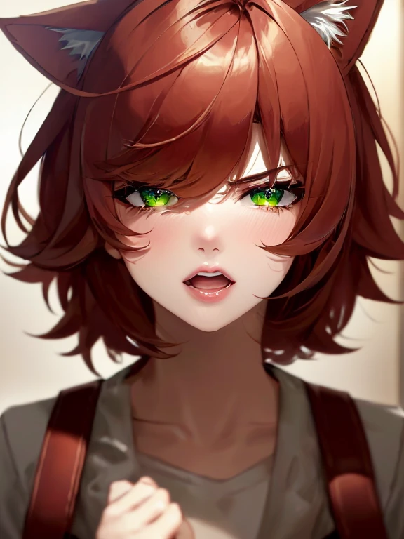 Green Eyes, annie, 1 Girl, Red Hair, Angry,open mouth, 8k, Detailed, masterpiece, close up, Green Pupil, brown leather backpack, short hair, fake cat ears,