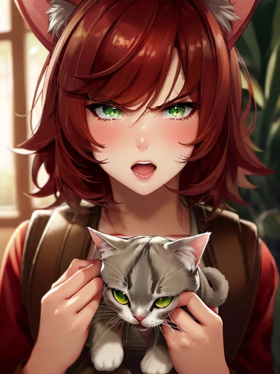 Green Eyes, annie, 1 Girl, Red Hair, Angry,open mouth, 8k, Detailed, masterpiece, close up, Green Pupil, brown leather backpack, short hair, fake cat ears,
