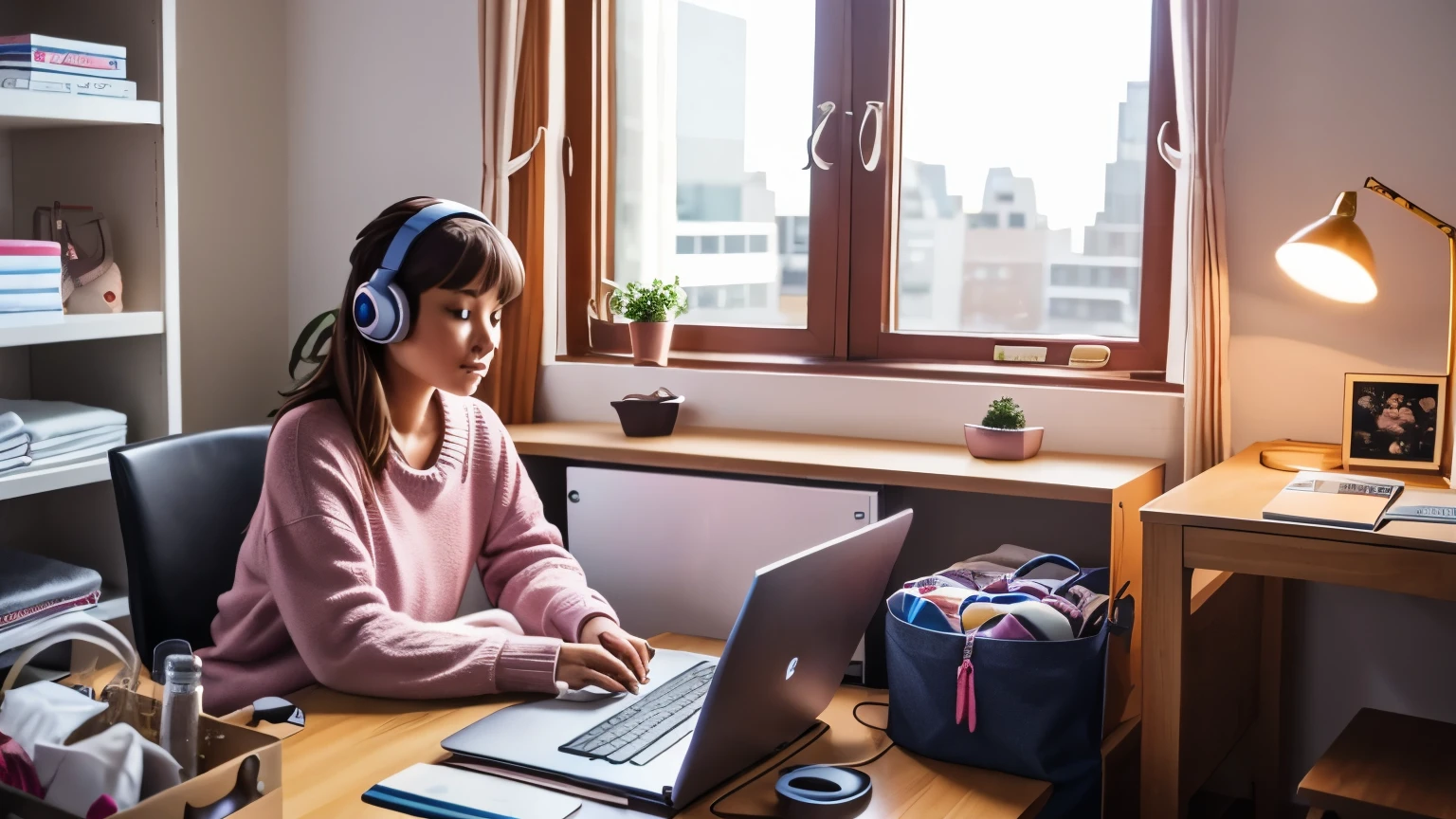 create a photo of a lofi girl sitting at her computer in an New York styled loft . The girl has on headphones and there is a cat in the room with her sitting on her computer desk. The girl is surrounded by several shopping bags all over her room with the brand "IZOASIS" on the shopping bags.