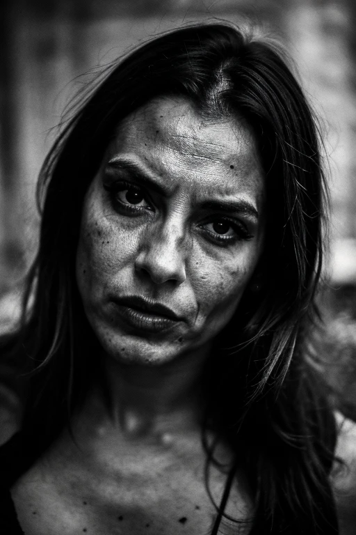 (Melhor qualidade,4k,8k,high resolution,obra de arte:1.2), mulher zombie, pele necrosada, creepy-looking, menacing eyes, cabelo emaranhado, dentes podres, olheiras profundas, feridas abertas. [luz baixa], [cores desbotadas], [atmosfera sombria], [threatening expression], [scary setting], [pintura sinistra], [filtro preto e branco], [decrepit textures], [dramatic contrast].