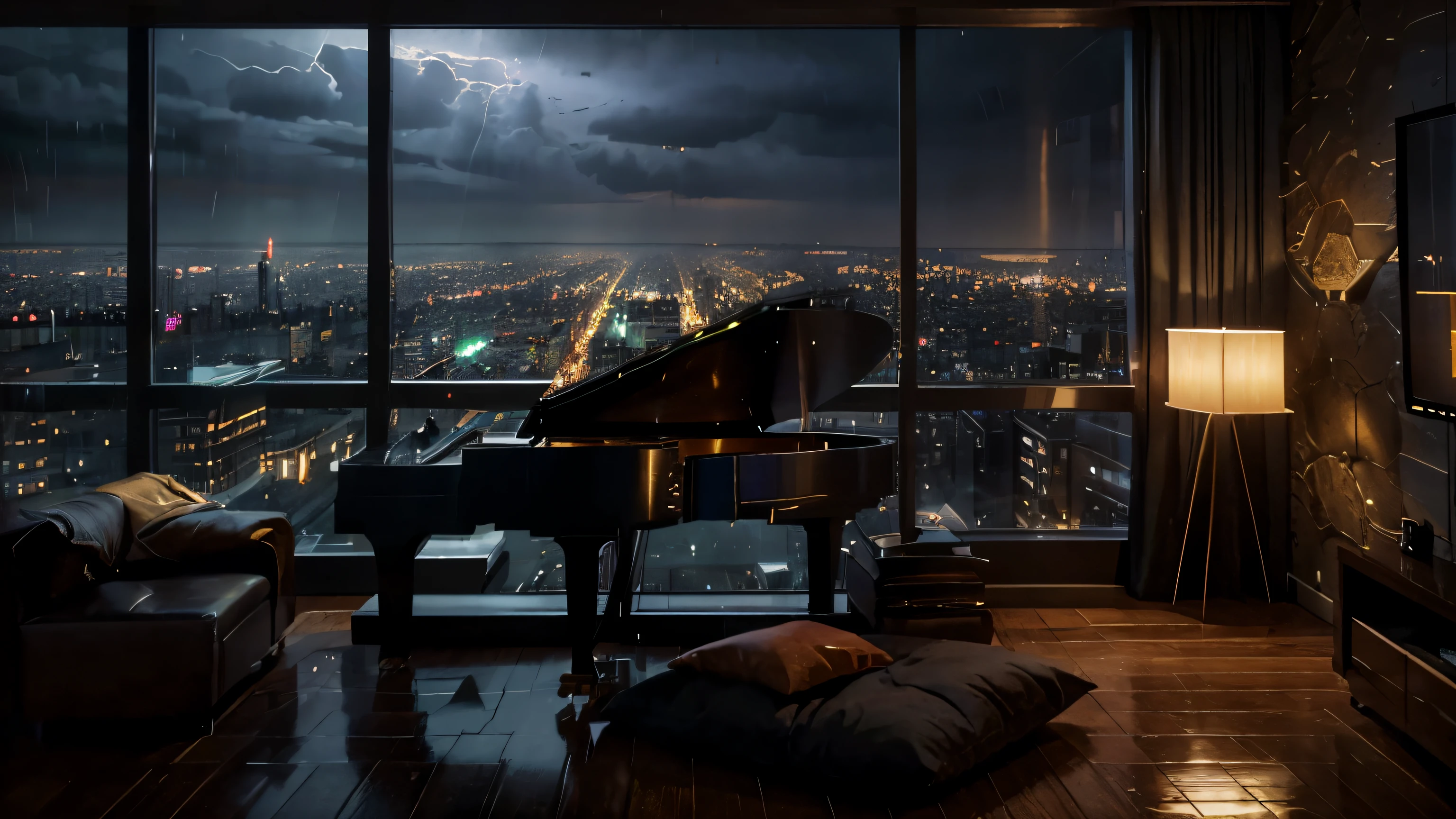 arafed view of a living room with a piano and a city view, a matte painting inspired by Evgeny Lushpin, cg society contest winner, digital art, cozy atmospheric, luxurious environment, rainy evening, fancy apartment, cozy environment, cozy place, rainy night, city apartment, cozy wallpaper, rich cinematic atmosphere, comfy ambience, city at night in the rain