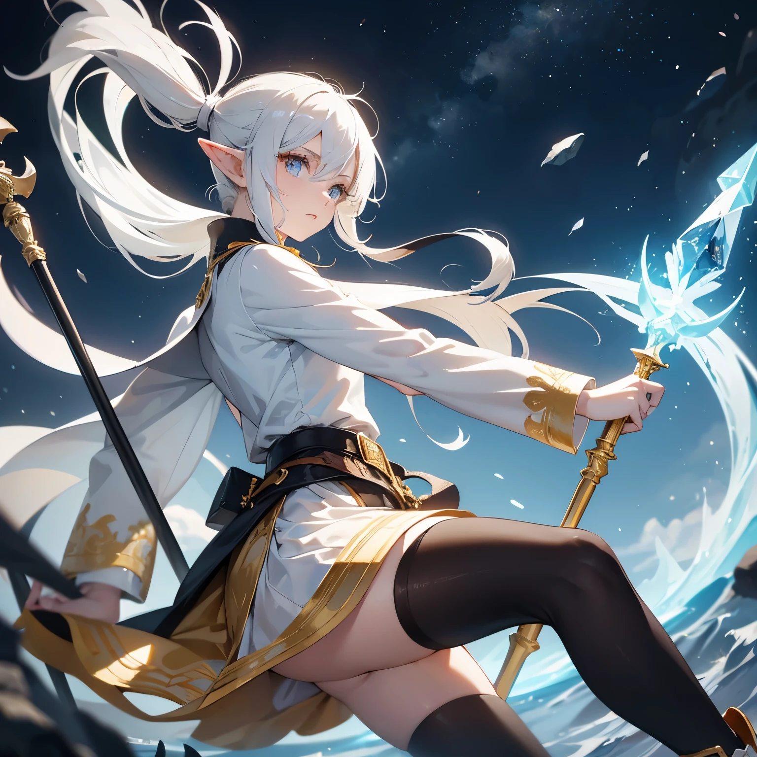 Generates the image of an elf with specifically white hair and pointed ears, Her hairstyle consists of 2 pigtails on the sides and a little at the back., tienes los ojos verdes, tiene aretes de color dorado en sus orejas, es de piel blanca, That elf is a sorceress so she holds a staff in her right hand, The staff is red with a golden ring at the top and inside this ring it has a red gem, She wears long black tights and brown boot-style sneakers., usa un chaleco liso de color blanco y las orillas en color dorado, usa el chaleco abierto, debajo del chaleco usa una blusa a rayas horizontales, las rayas son color negro y blanco, usa una falda blanca con los bordes en color dorado, and a black leather belt, serious expression, He is on guard in a fighting pose but in a very relaxed way since he is very powerful
