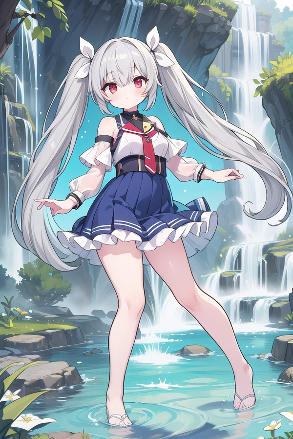 18-year-old,gray hair,((Downward twin tails))、((red eyes))、break、White ribbon hair fastening,Medium breasts,Long white cold shoulder top、break、((Marine blue dress skirt))、Red brooch on chest、 azur lane style、white skin、plump legs、A small bridge over a stream、水飛沫
break looking at viewer, full body,
break (masterpiece:1.2), highest quality, High resolution, unity 8k wallpaper, (figure:0.8), (detailed and beautiful eyes:1.6), highly detailed face, perfect lighting, Very detailed CG, (perfect hands, perfect anatomy)