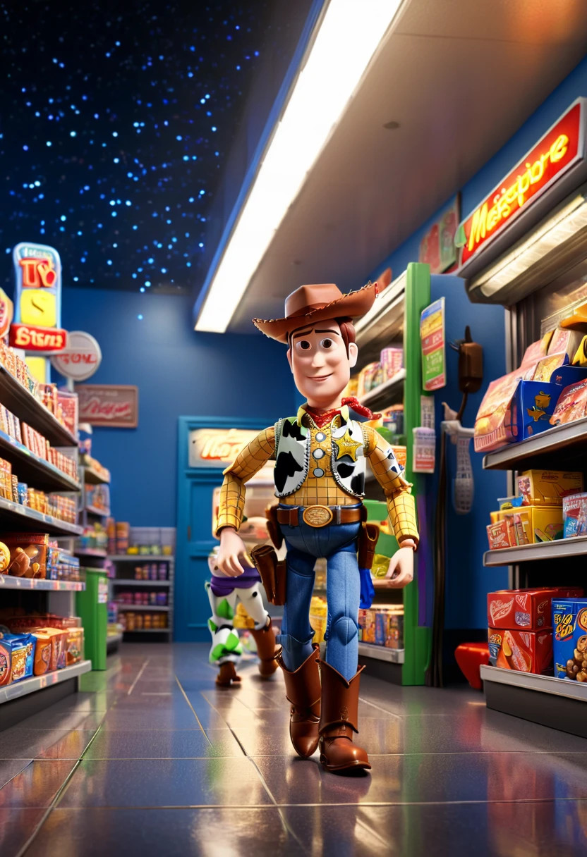 midnight convenience store, Movie Still, action shot, Toy Story, (masterpiece, best quality, Professional, perfect composition, very aesthetic, absurdres, ultra-detailed, intricate details:1.3)
