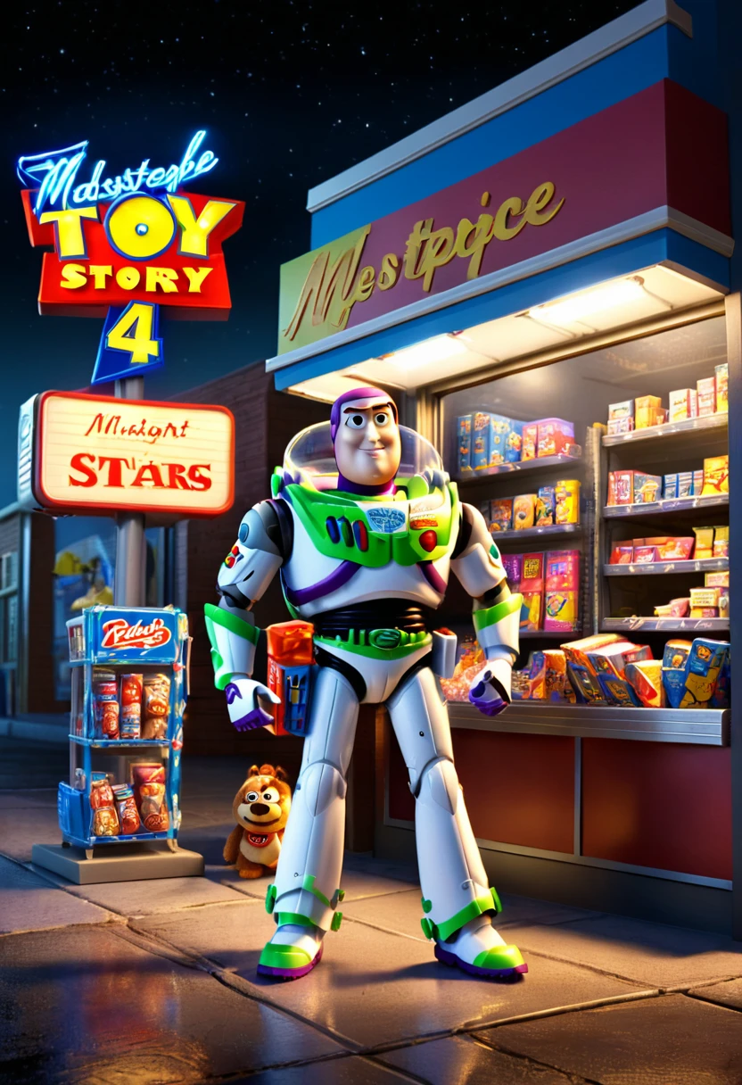 midnight convenience store, Movie Still, action shot, Toy Story, (masterpiece, best quality, Professional, perfect composition, very aesthetic, absurdres, ultra-detailed, intricate details:1.3)