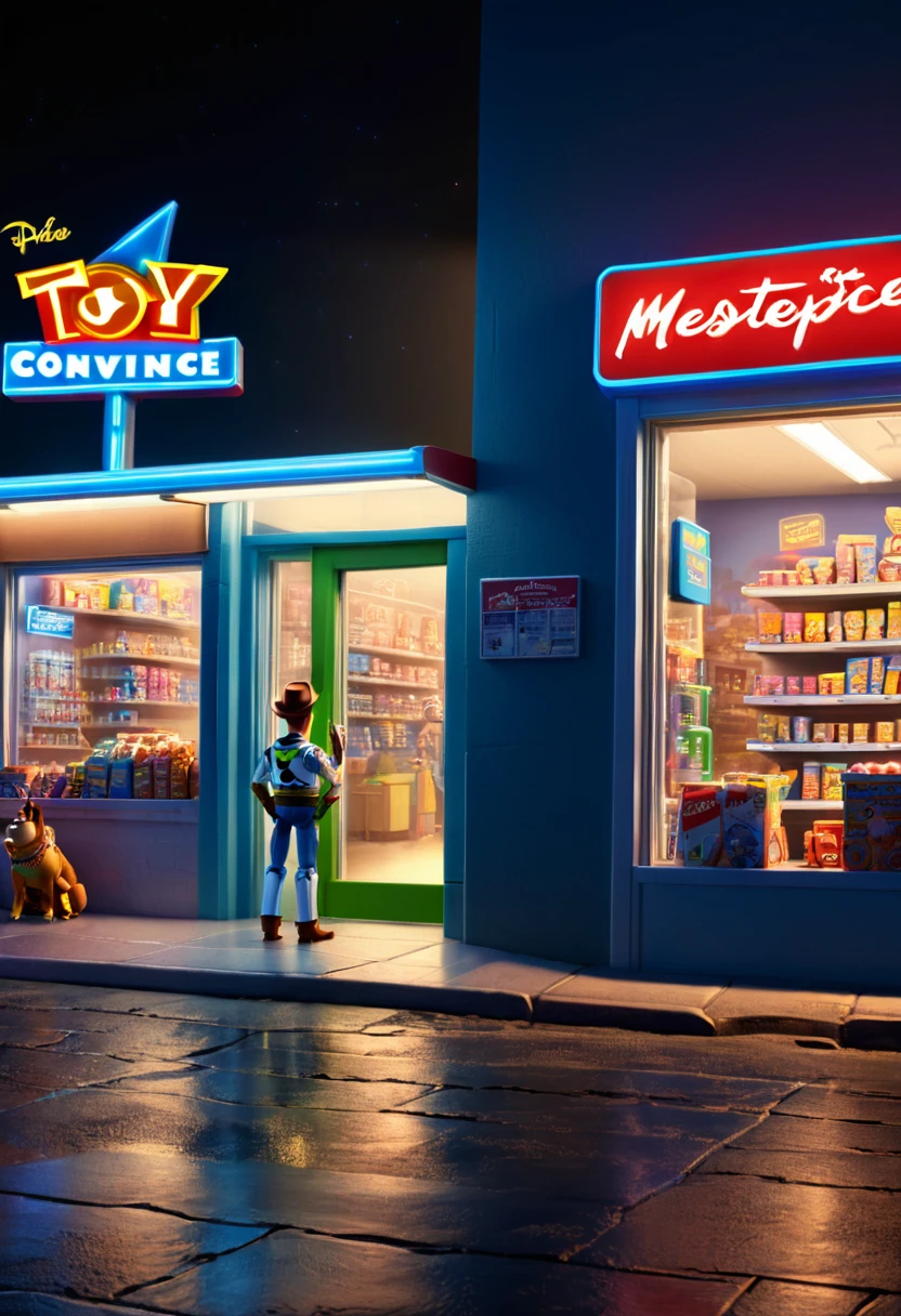 midnight convenience store, Movie Still, action shot, Toy Story, (masterpiece, best quality, Professional, perfect composition, very aesthetic, absurdres, ultra-detailed, intricate details:1.3)