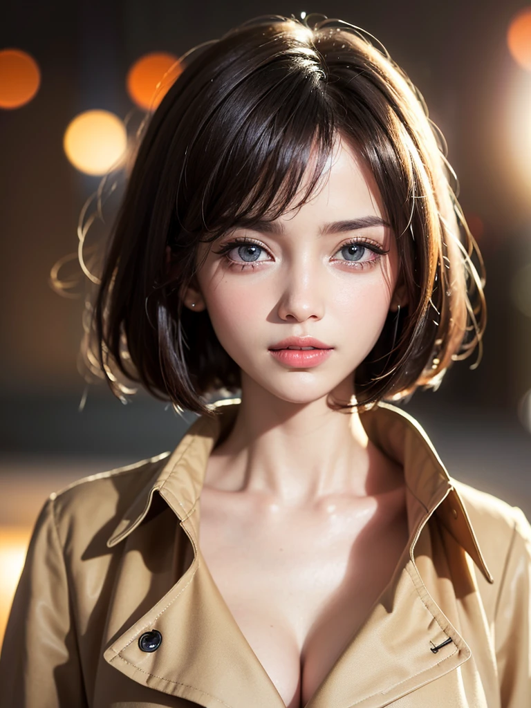 (Uhd, retina, masterpiece, Accurate, anatomically correct, rough skin, Super detailed, advanced details, high quality, 最high quality, High resolution, 1080p, hd, 4k, 8K, 16k), (detailed and beautiful eyes, beautiful detailed lips, highly detailed eyes and face), studio lighting, Physically based rendering, Bright colors, (big breasts, glamorous body), (beige trench coat), (portrait, bob cut, shiny hair, shiny skin, blush), (Bokeh:1.5), eye reflection,