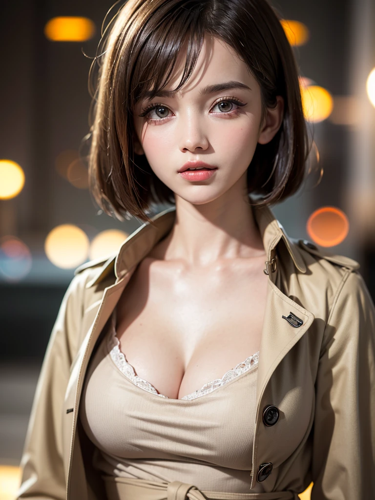 (Uhd, retina, masterpiece, Accurate, anatomically correct, rough skin, Super detailed, advanced details, high quality, 最high quality, High resolution, 1080p, hd, 4k, 8K, 16k), (detailed and beautiful eyes, beautiful detailed lips, highly detailed eyes and face), studio lighting, Physically based rendering, Bright colors, (big breasts, glamorous body), (beige trench coat), (portrait, bob cut, shiny hair, shiny skin, blush), (Bokeh:1.5), eye reflection,